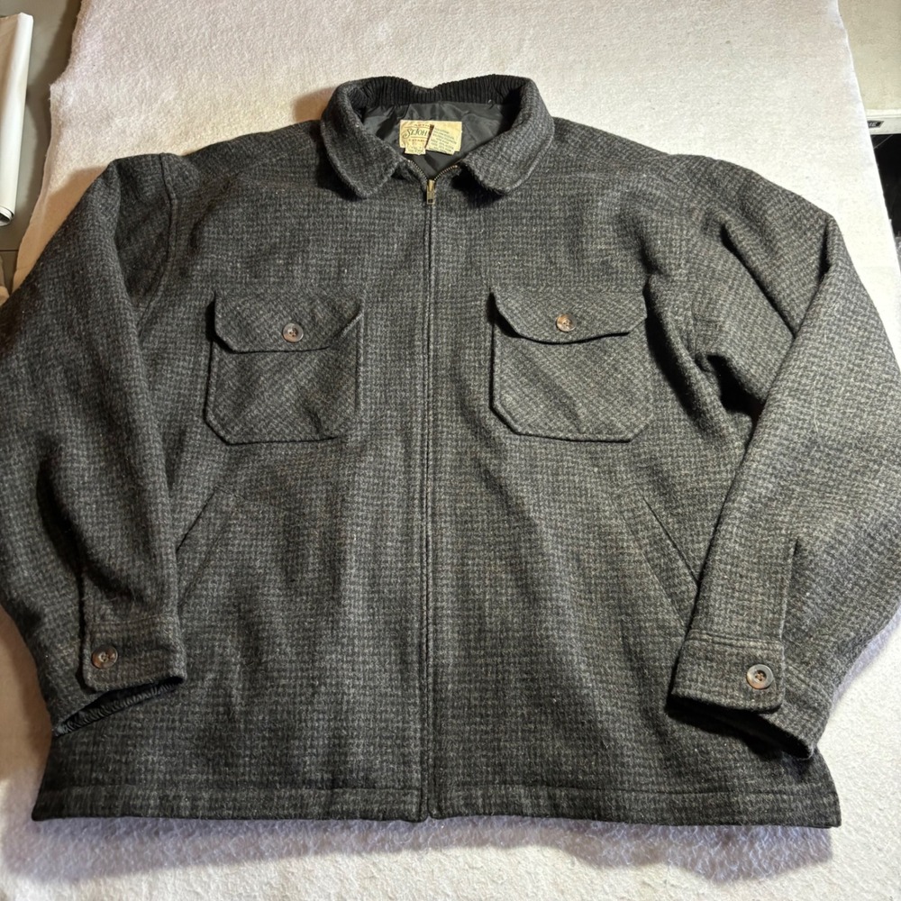 Vintage St Johns Bay Men XL Wool Blend Zip Jacket Gray Check Corduroy Collar
